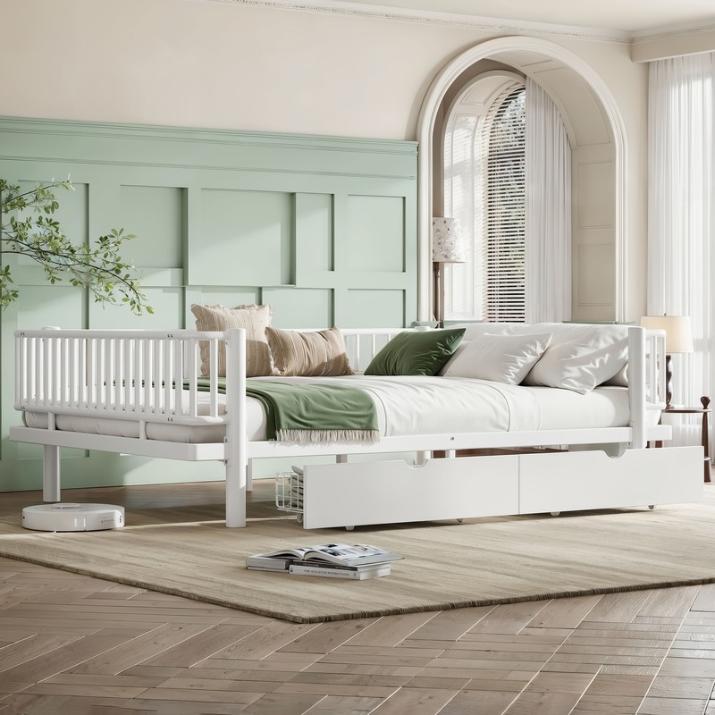 Queen Size Metal MDF Platform Bed Frame Daybed Slatted W/ Storage Drawers White gallery