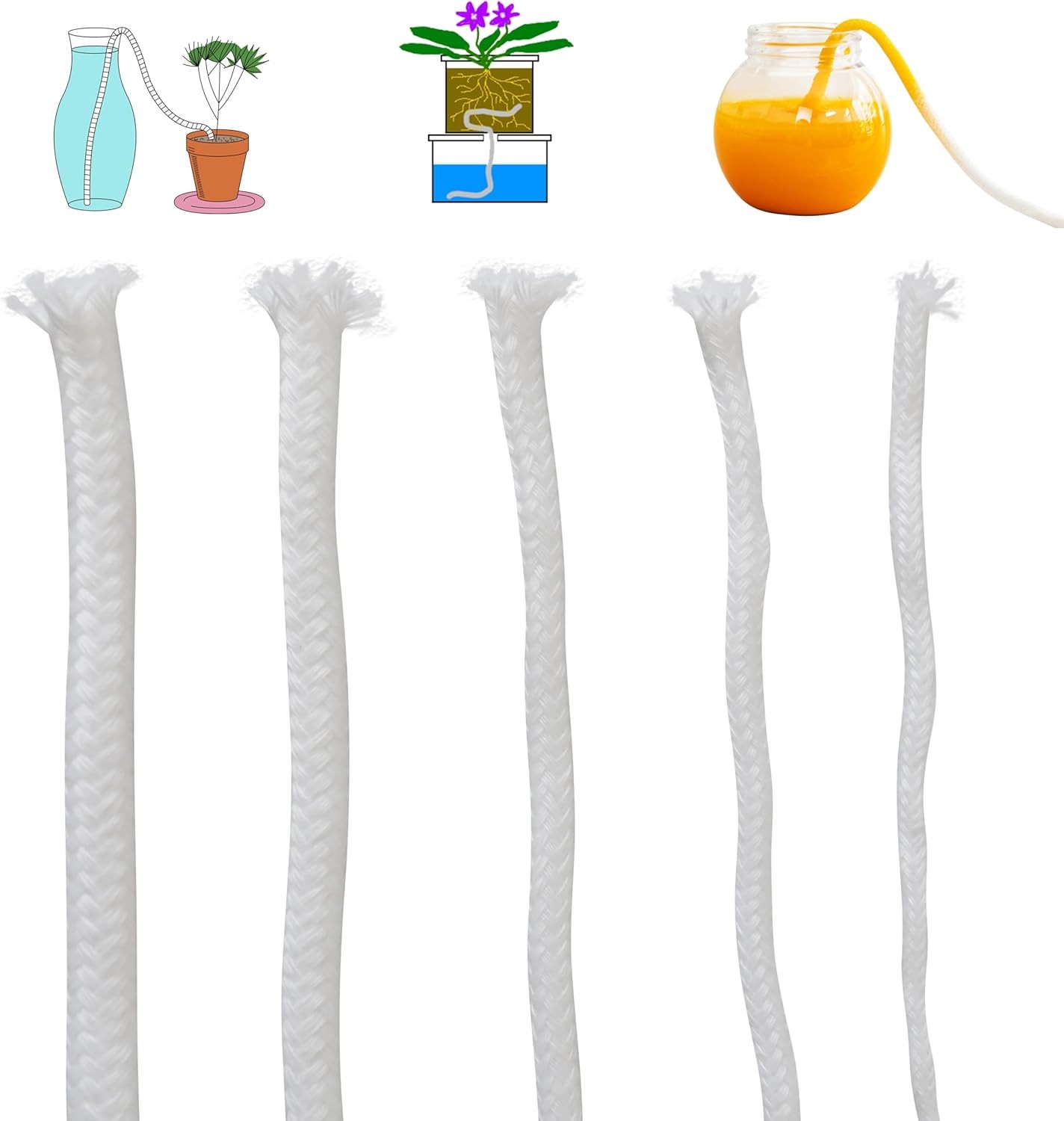 30ft Self Watering Wick Rope Set for Plants - 5 Sizes: 1/4" to 1/12 gallery