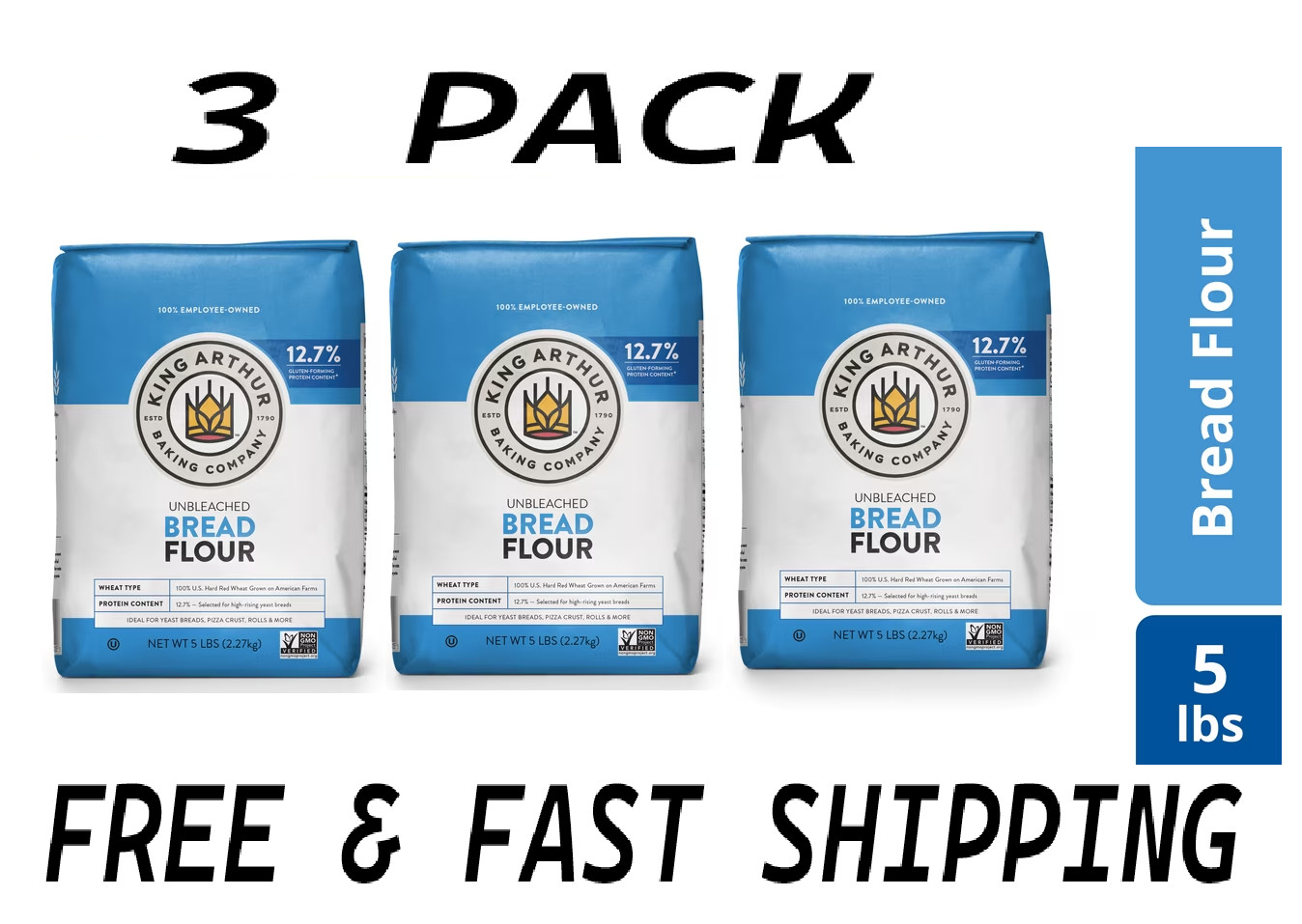King Arthur Flour Unbleached Bread Flour 5 lb. Bag (3 PACK) FREE & FAST SHIPPING gallery