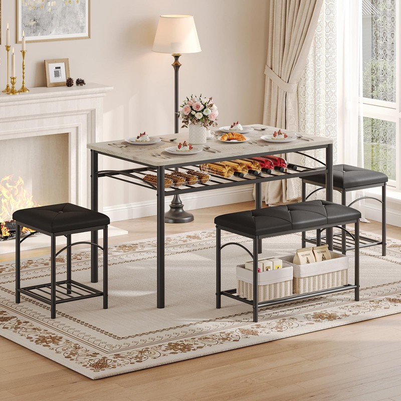 Dining Table Set for 4 with Upholstered Benches and 2 Stools, Modern Space Sa... gallery