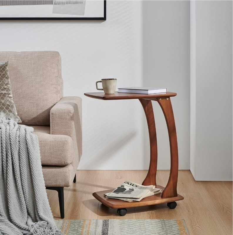 Emerson Solid Wood End Table with Rolling Wheels, C Shaped Side Table, TV... gallery