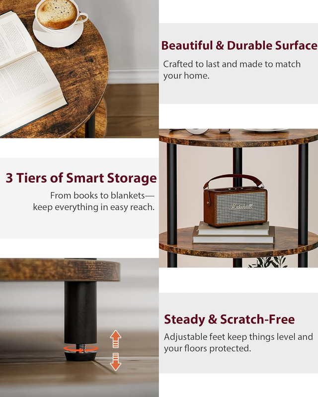 Small round End Table - 3 Tier Design Accent Table, Narrow Side or Bedside Stand gallery