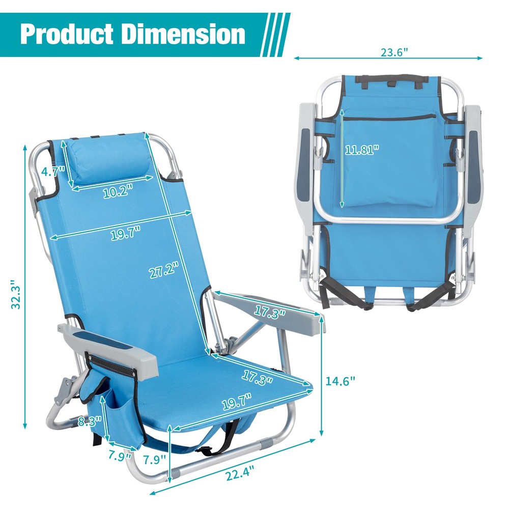 2-Pack Portable Backpack Beach Chair Set 5-Position Outdoor Reclining Chair