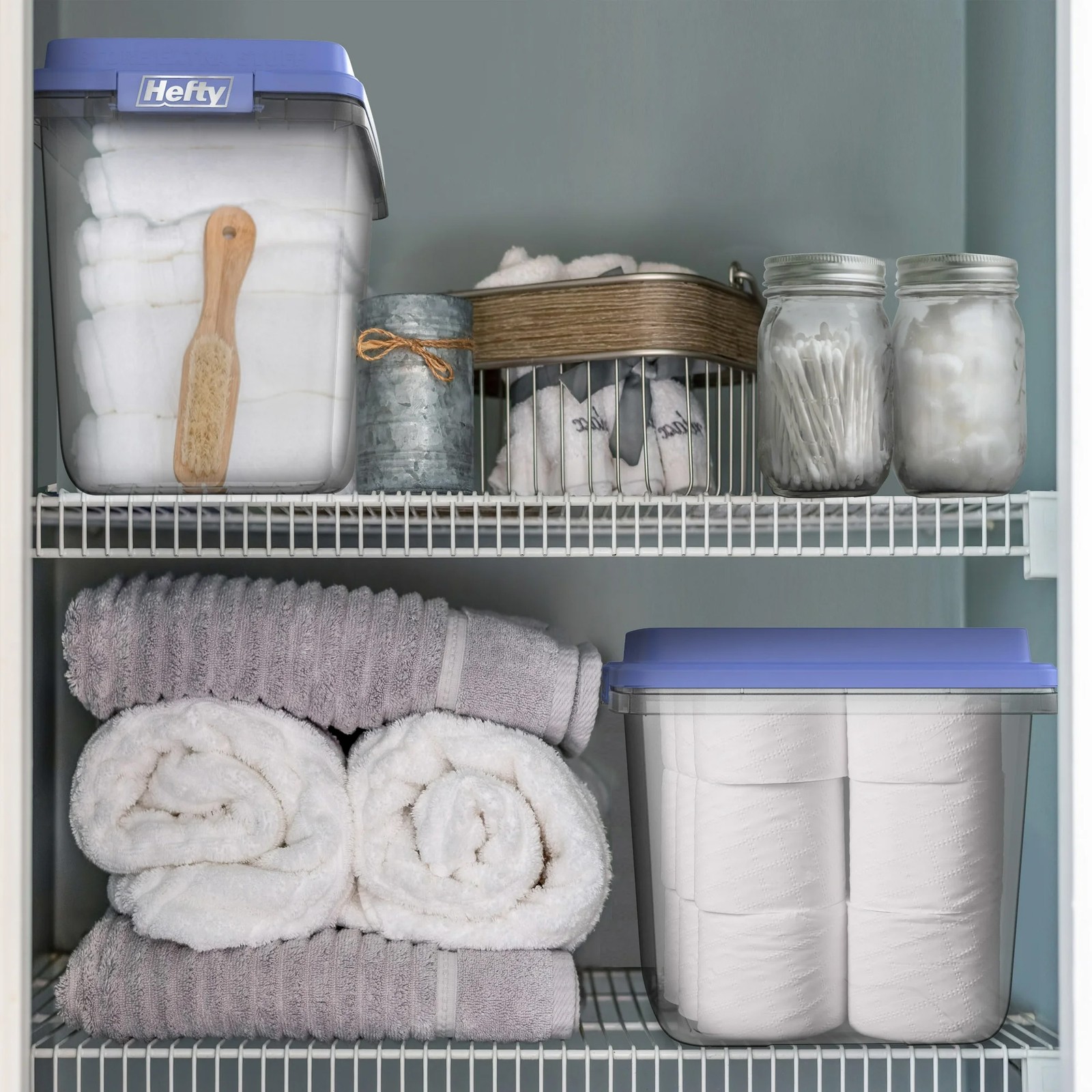 Hefty 6 Pack 32 Quart Hi-Rise Stackable Plastic Storage Bin with Lid, Clear/Blue gallery