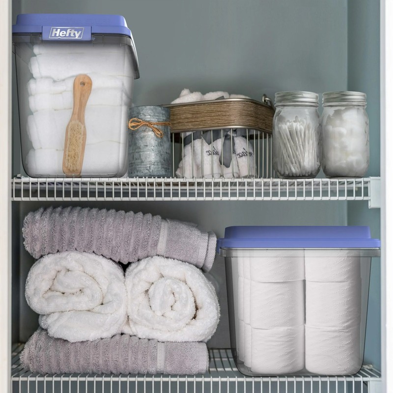 Hefty 6 Pack 32 Quart Hi-Rise Stackable Plastic Storage Bin with Lid, Clear/Blue gallery