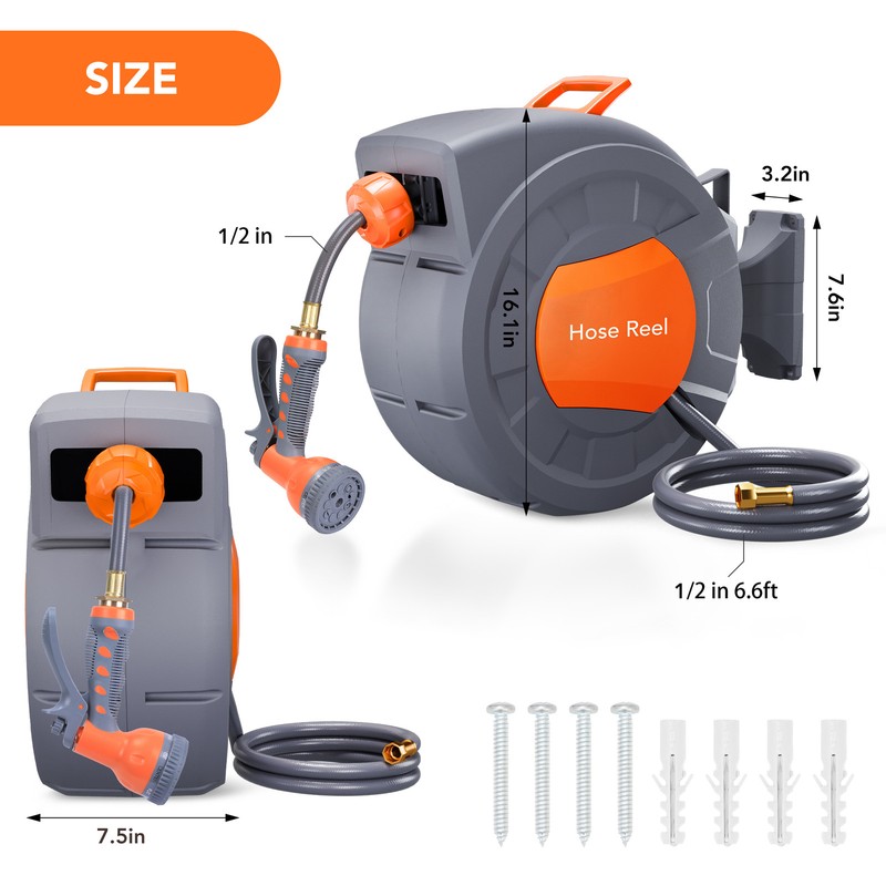 1/2 in x 100 ft Wall Mounted Retractable Water Hose Reel with 9 Sprayer Nozzle gallery