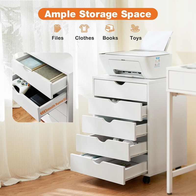 Mobile 5-Drawer Storage Cabinet with Wheels - Space-Saving Dresser for Home Use gallery