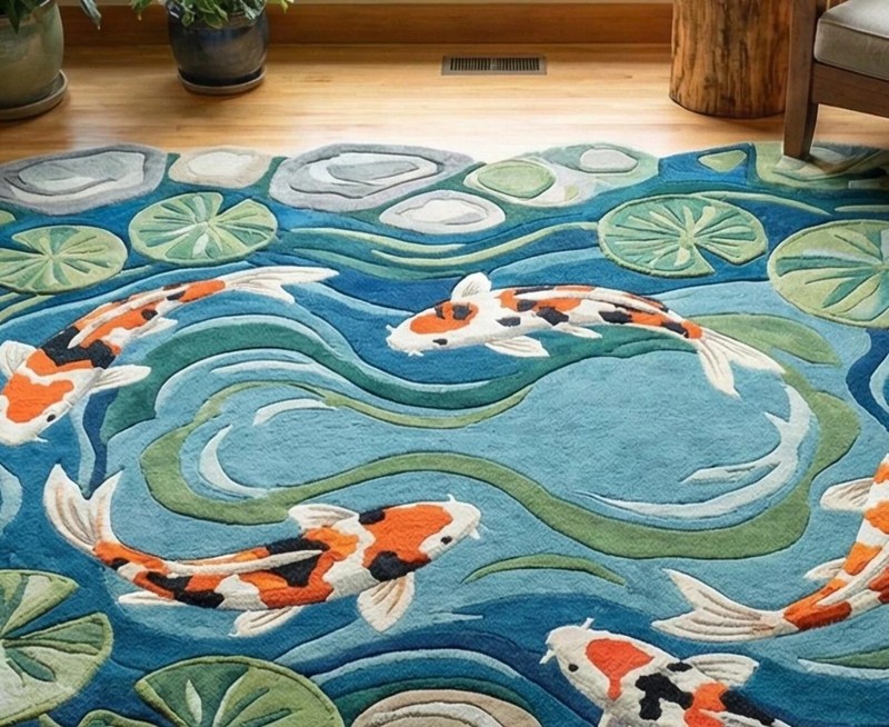 Hand Tufted Koi Fish Pond Rug – Round Artistic Area Rug – Japanese Style Water gallery