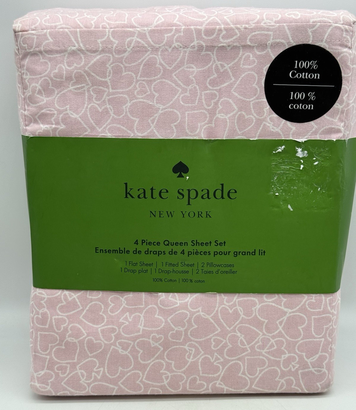 Kate Spade Queen Sheet Set 100% Cotton Percale Chalk Pink Outline Hearts NEW gallery