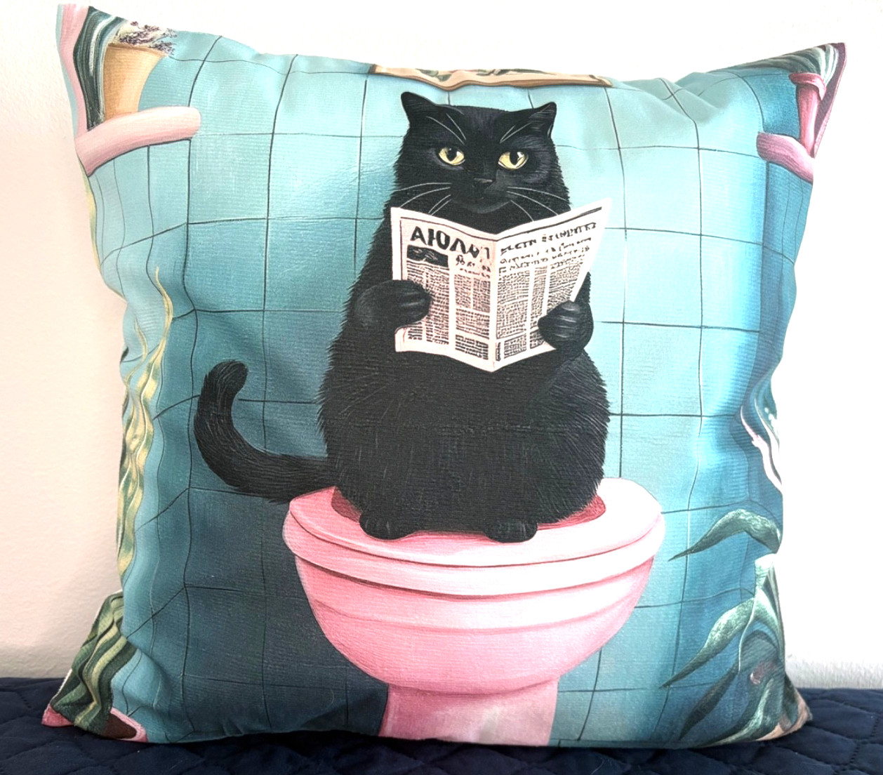 Curious Black Cat Reading Newspaper Pillow Cover – Whimsical Home Decor gallery