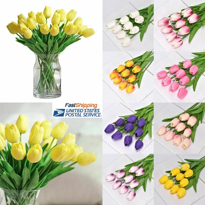 10 PACK Artificial Tulips Real Touch Bridal Home Wedding Party Festival Decor US gallery