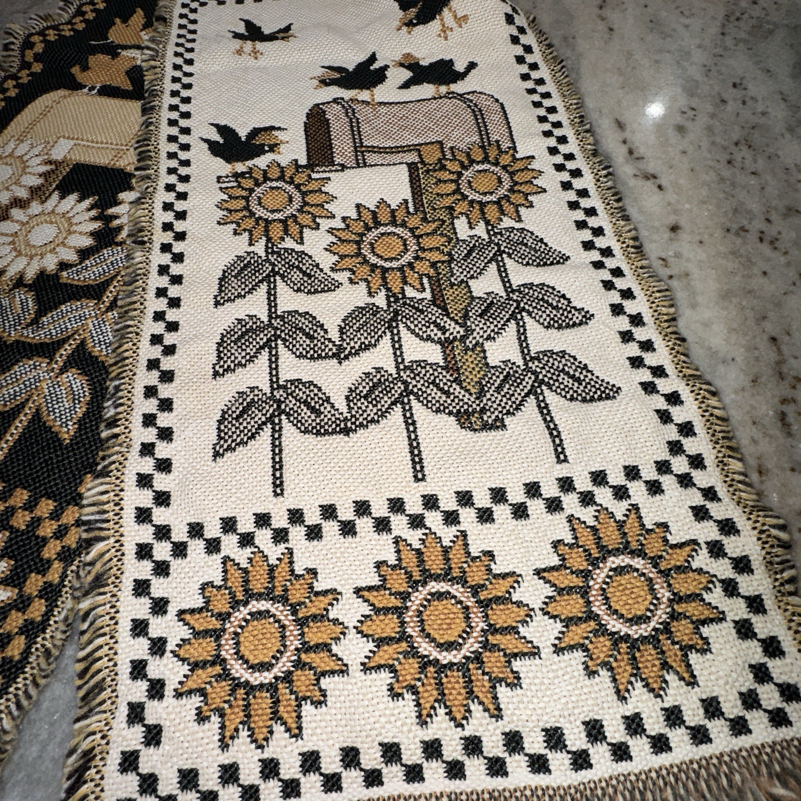 American Weavers Table Runner Farmhouse 69” Knit Mailbox Birds Sunflowers 90s gallery