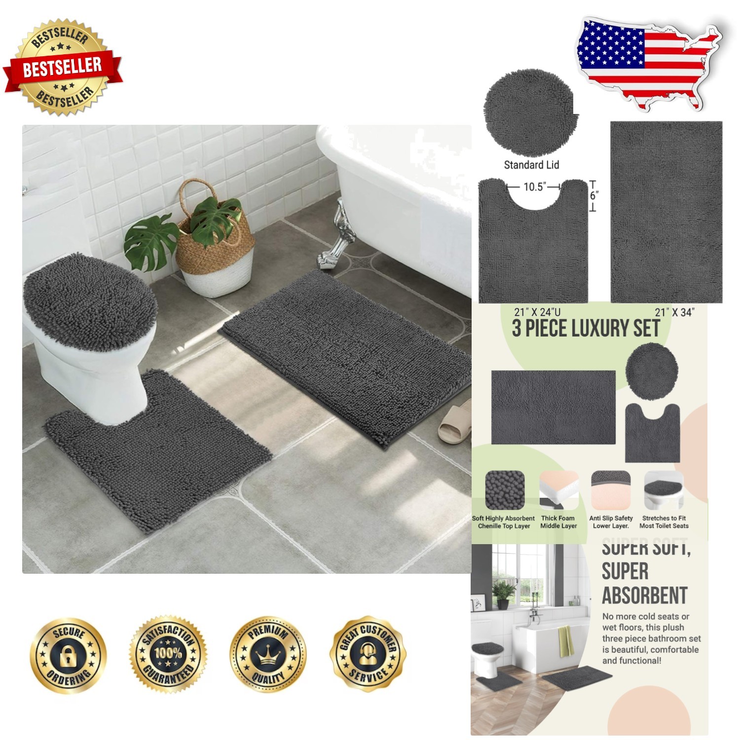 High Pile 3pc Bathroom Mat Set Charcoal Gray - Soft, Secure Non-Slip, Washable gallery