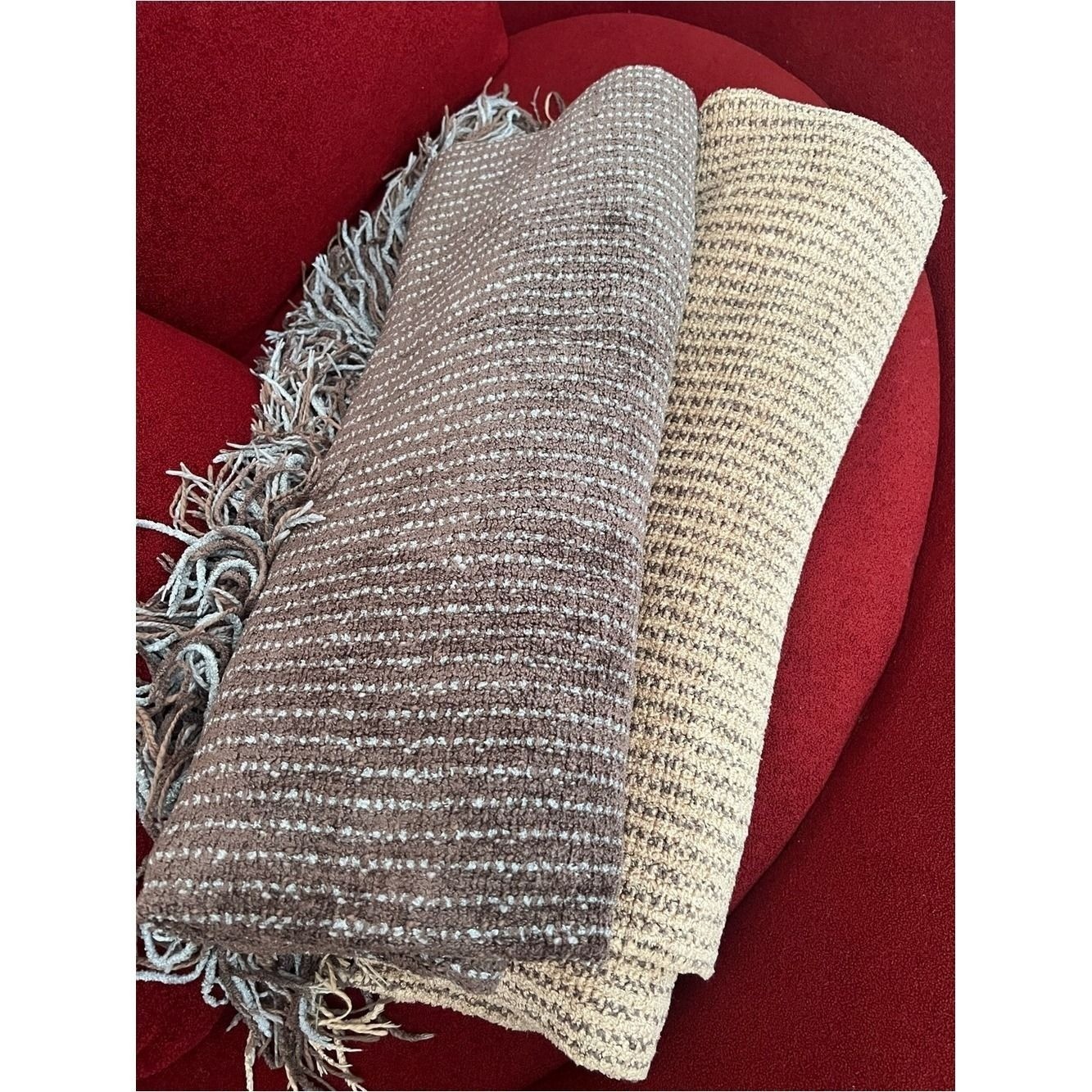 Restoration Hardware 5lb Brown and Blue Chenille Woven Fringe Throw gallery