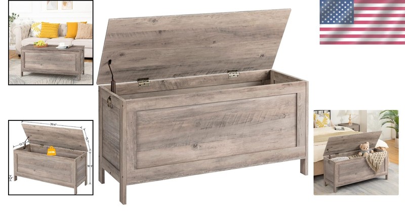 Multi-Functional Greige Wooden Toy Chest with Safety Hinges - 220 lb Capacity gallery
