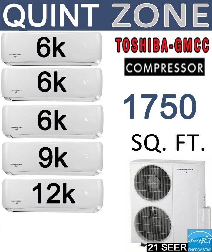 21 SEER: 5 Zone Ductless Mini Split AC / Heat Pump: 6k BTU x3 + 9k BTU + 12k BTU