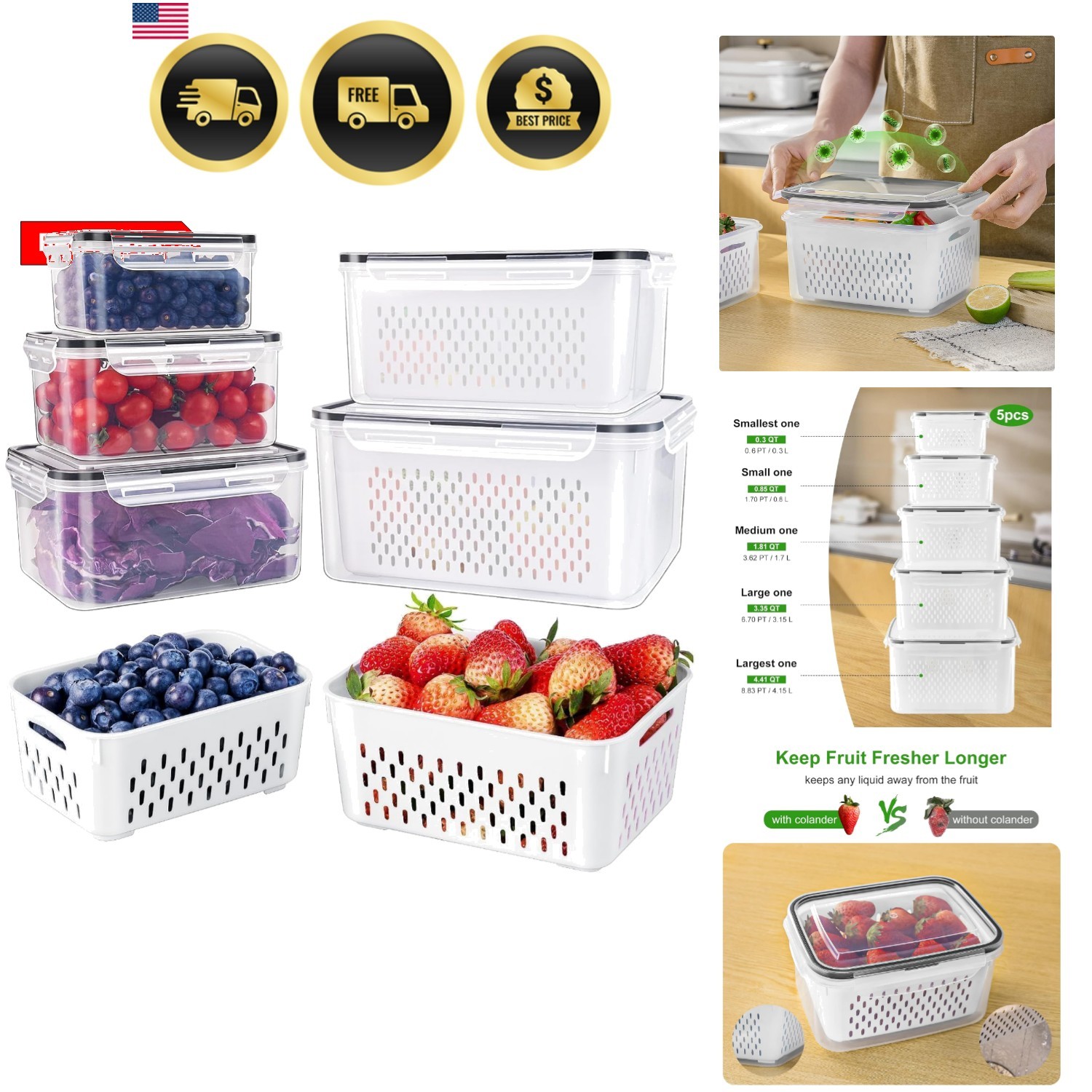Fruit Container Set Large Food Storage Containers with Colander 5pcs gallery
