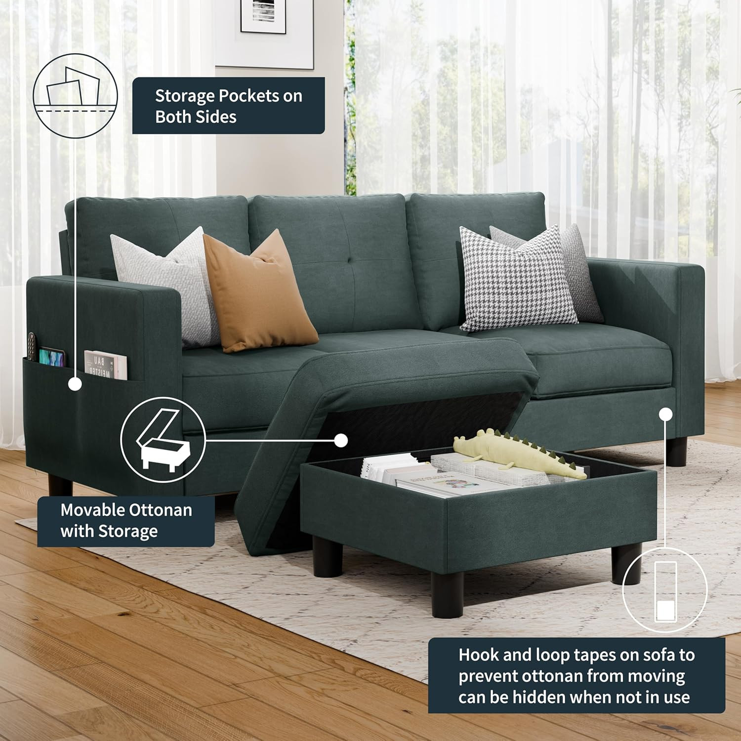 L Shaped Convertible Sectional Couch with Storage Ottoman - Dark Grey Linen gallery