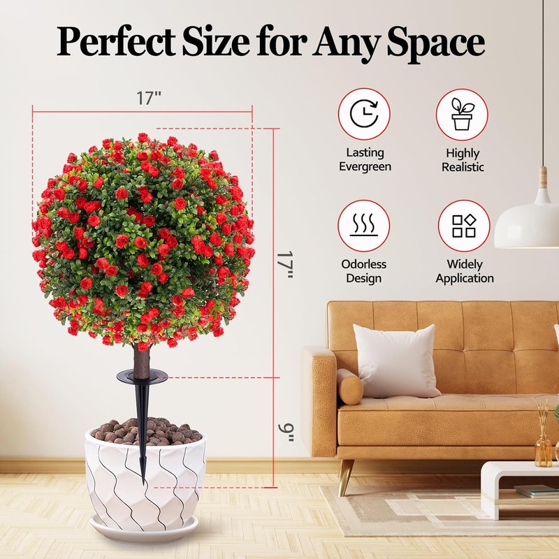 2 Pack Artificial Red Rose Topiary Ball Tree 26" with Ground Spikes UV Resistant gallery
