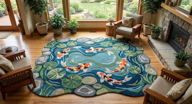 Hand Tufted Koi Fish Pond Rug – Round Artistic Area Rug – Japanese Style Water gallery