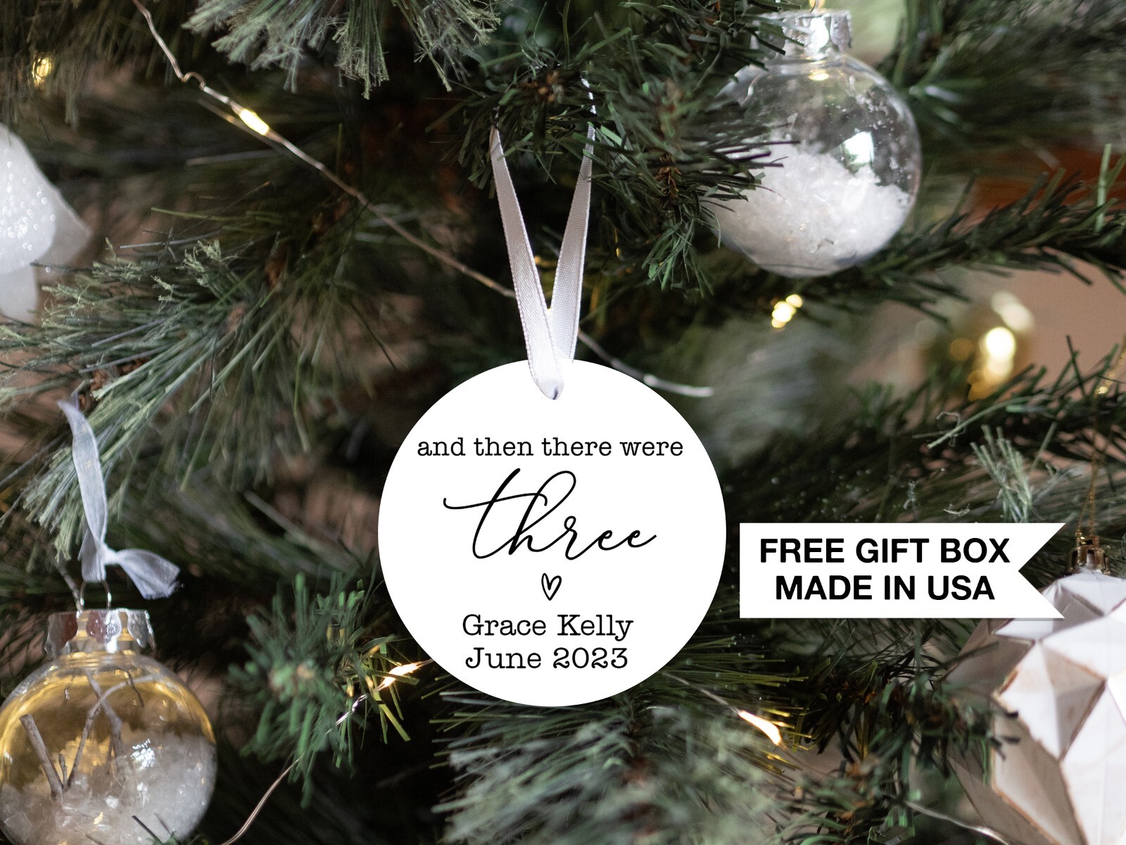 Personalized And Then there was Three Christmas Ornament| Baby First Christmas gallery