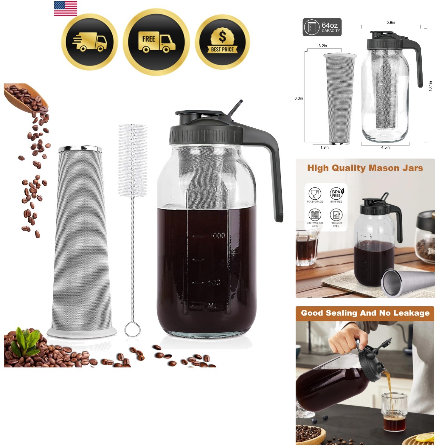 Cold Brew Coffee Maker,64 oz Mason Jar Pitcher with Stainless Steel Filter, P... gallery