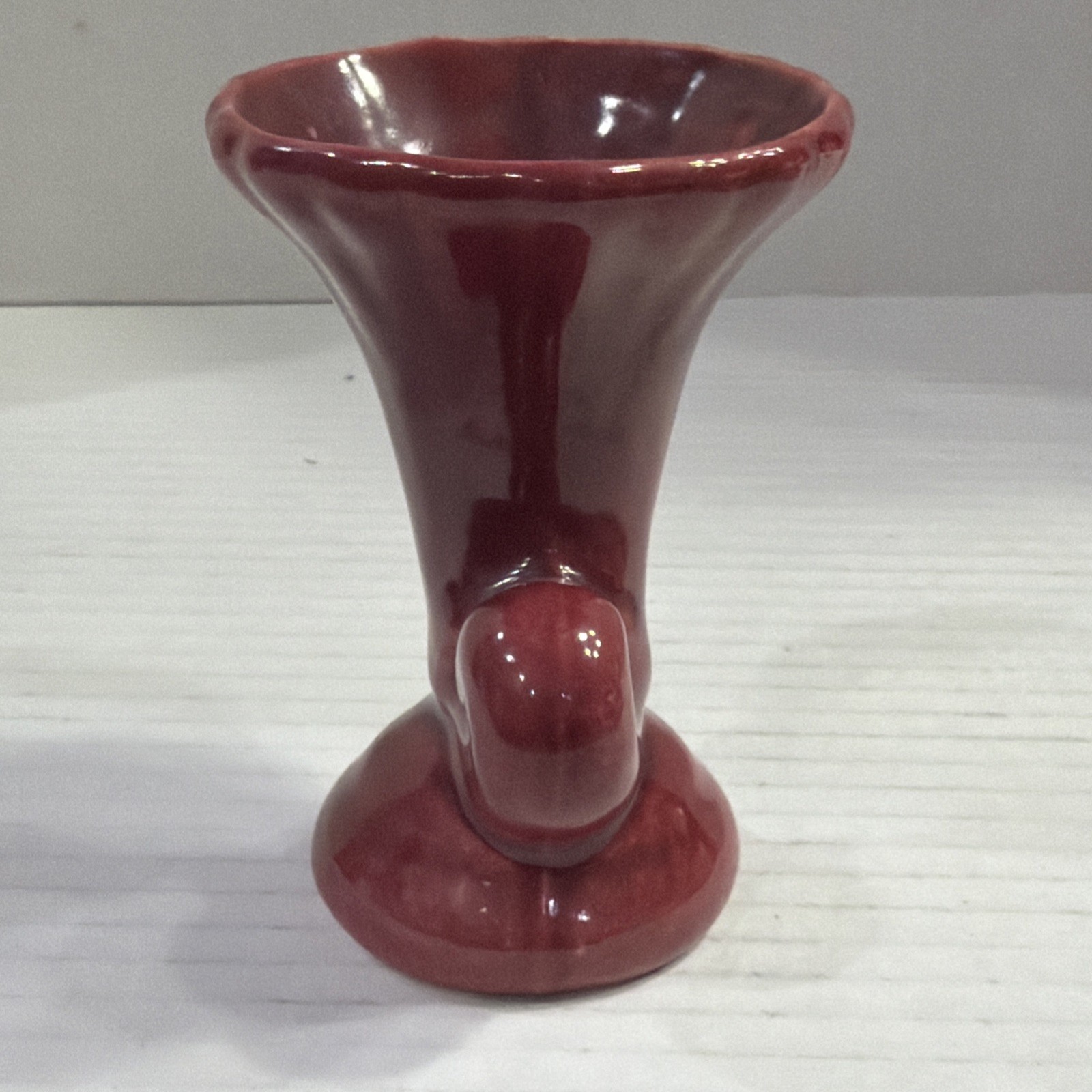 McCoy Cornucopia Mini Vase Ceramic Pottery Horn Footed Fluted Maroon USA Vintage gallery