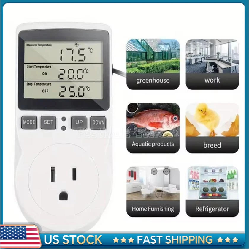 Temperature Controller Heating Cooling with Probe Digital Thermostat Outlet Plug gallery