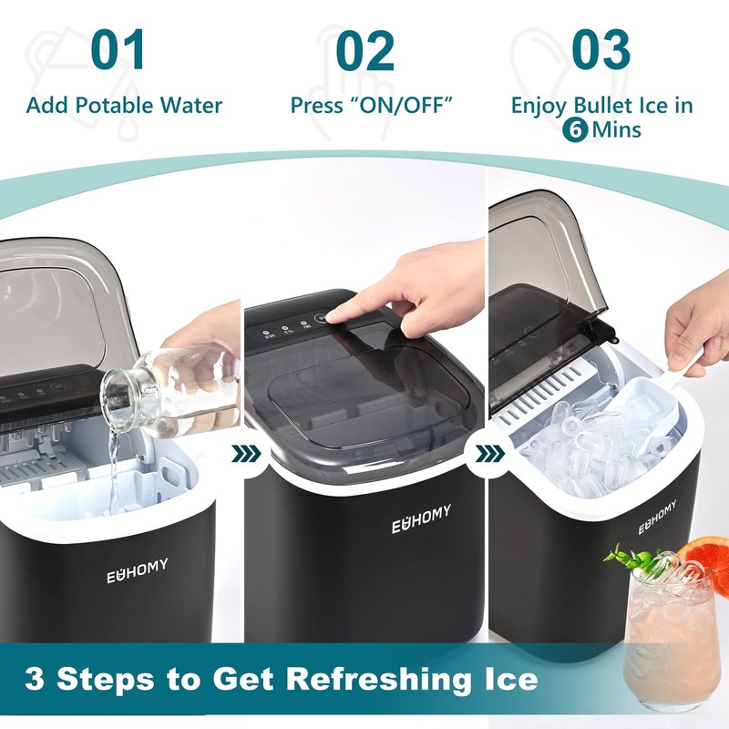 EUHOMY Countertop Ice Maker Machine with Handle 26lbs in 24Hrs 9 Ice Cubes Re... gallery