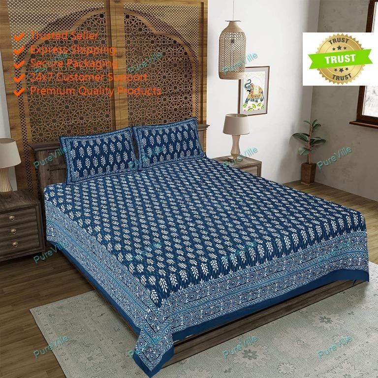 Indian Cotton Bedsheet With 2 Pillow Cover Indian Buti Design Double Sheet gallery