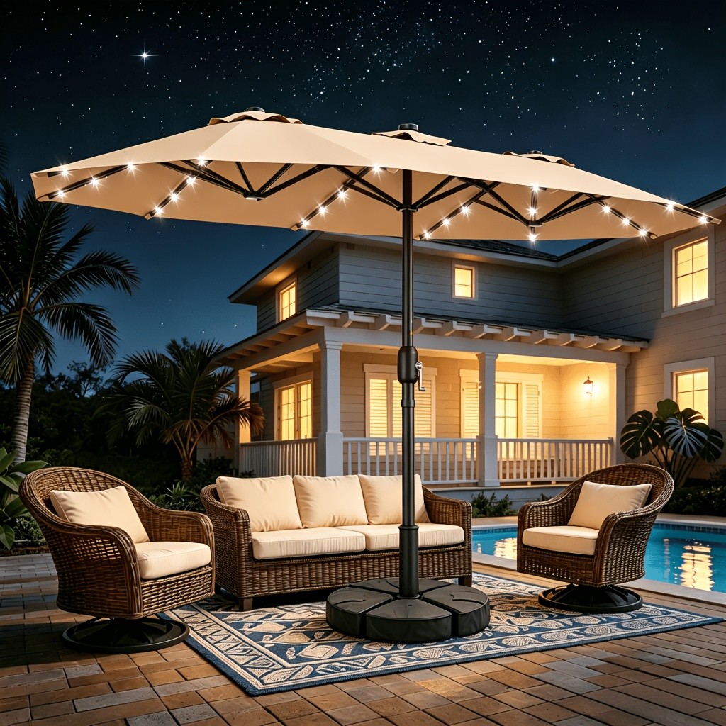 13ft Double Sided Patio Umbrella with Stand Base Solar Lights Crank Lift Outdoor gallery