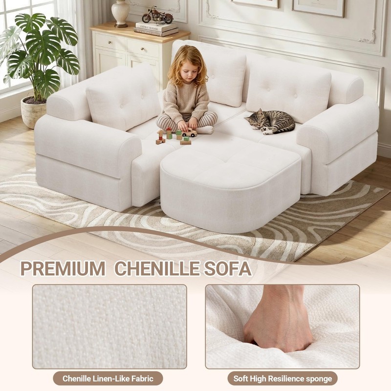 112" Modular Sectional Sofa Couch with Chaise L-Shaped Tufted Cloud Couch, Beige gallery