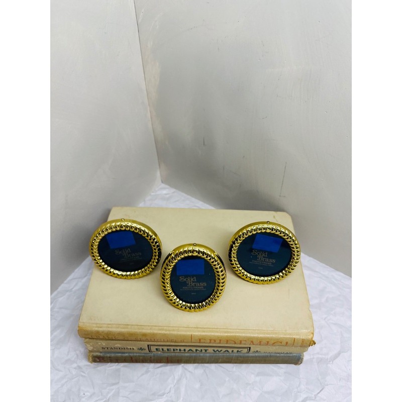 Solid Brass Mini Photo Frame Set 3 Piece Vintage Gold Round Oval Rope Border gallery
