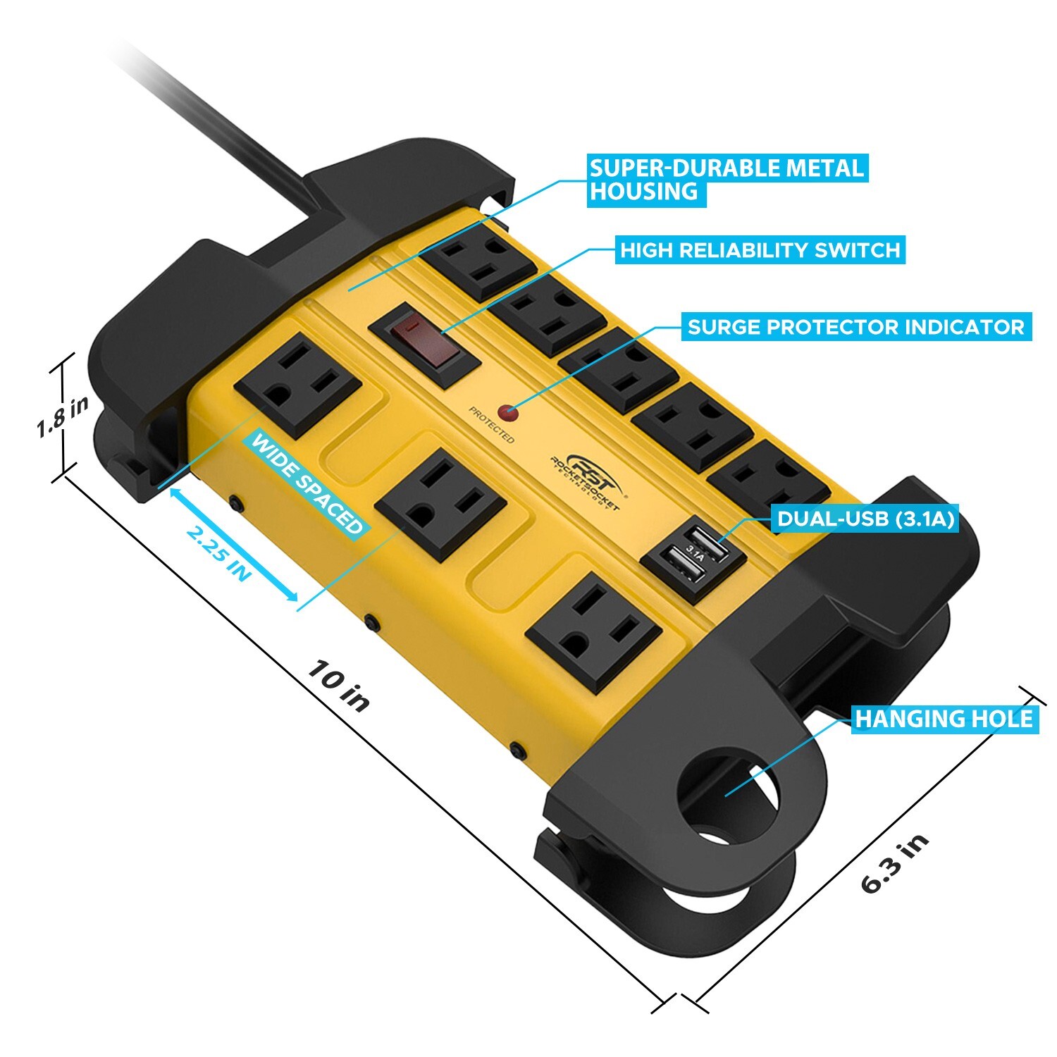 8-Outlet Heavy Duty Power Strip with 2 USB,Surge Protector,15Ft Cord, ETL Listed gallery