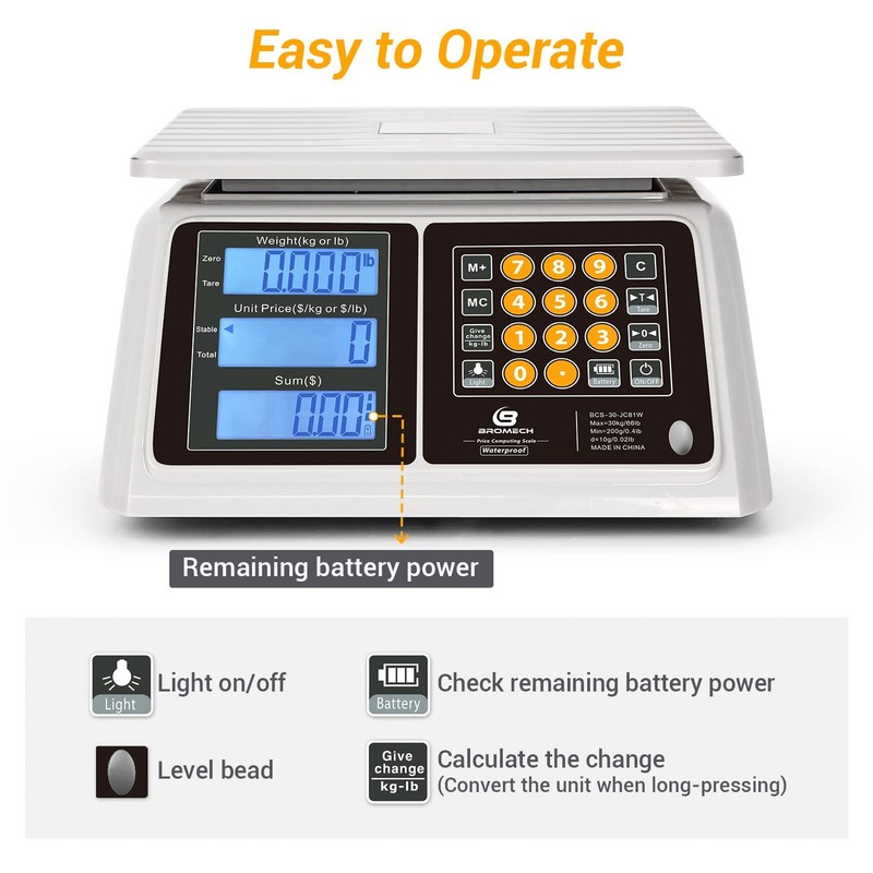 BROMECH Food Scale, Price Computing Scale, IPX7 Waterproof, 66lbs Capacity, Whit gallery
