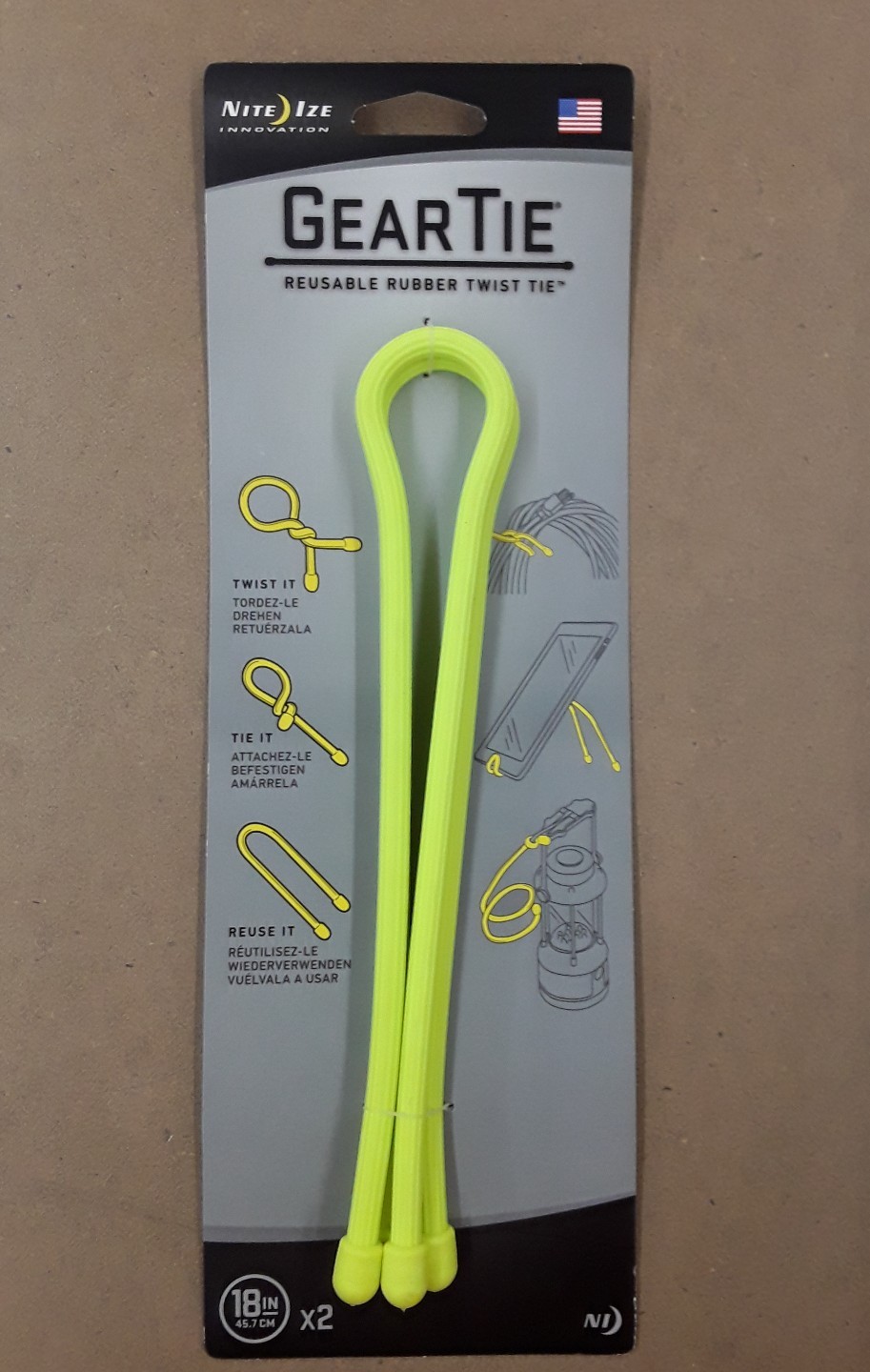 NITE IZE GEAR TIE REUSABLE RUBBER TWIST TIE 18 INCH 2-PACK ORANGE OR YELLOW gallery