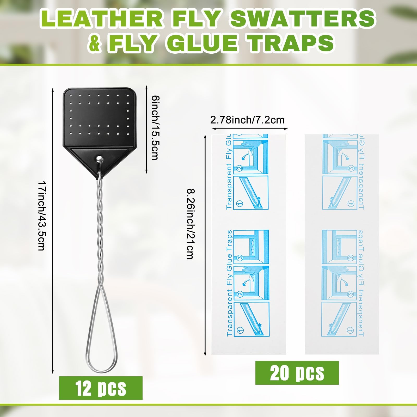 Mysora 12 Pcs Leather Fly Swatters with 20 Window Sticky Fly Glue Traps, 17''... gallery
