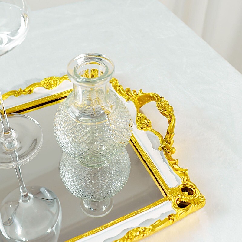 15"x10" Metallic WHITE GOLD Rectangular Mirror SERVING TRAY Handles Party gallery