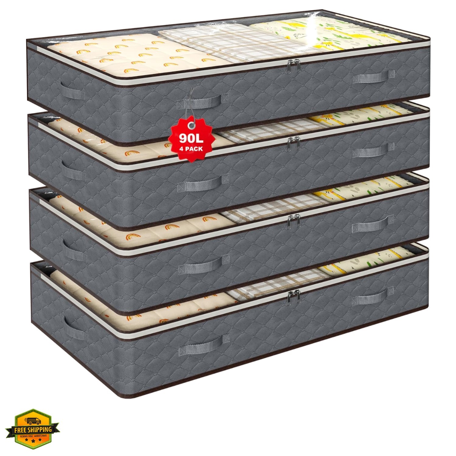 90L Under Bed Storage Bins, 4-Pack Transparent Organizers with Lids, Grey gallery
