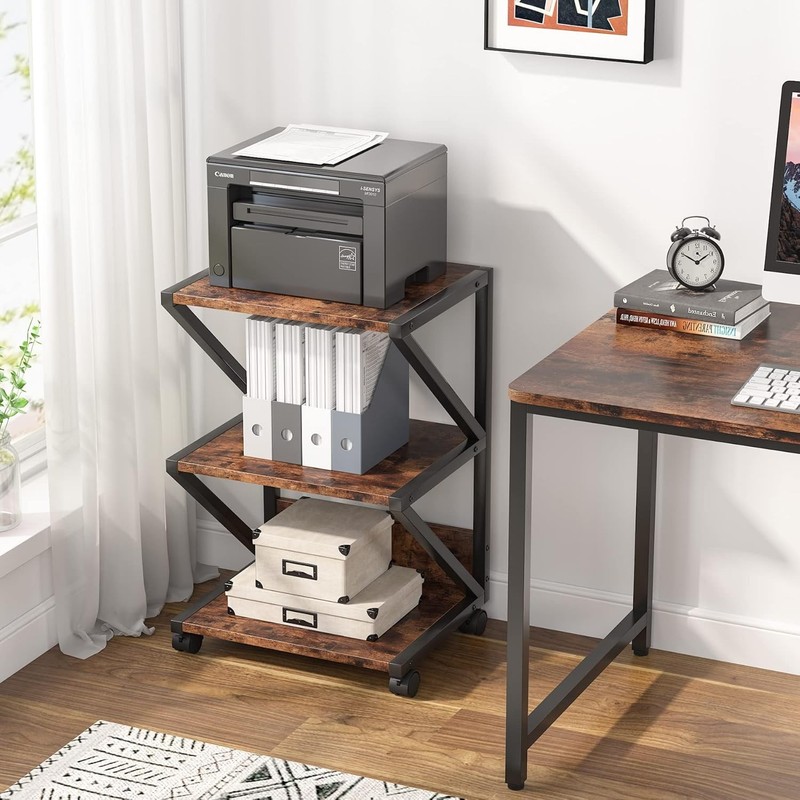 Industrial Printer Stand, 3-Tier Rolling Printer Cart Under Desk Storage shelf gallery