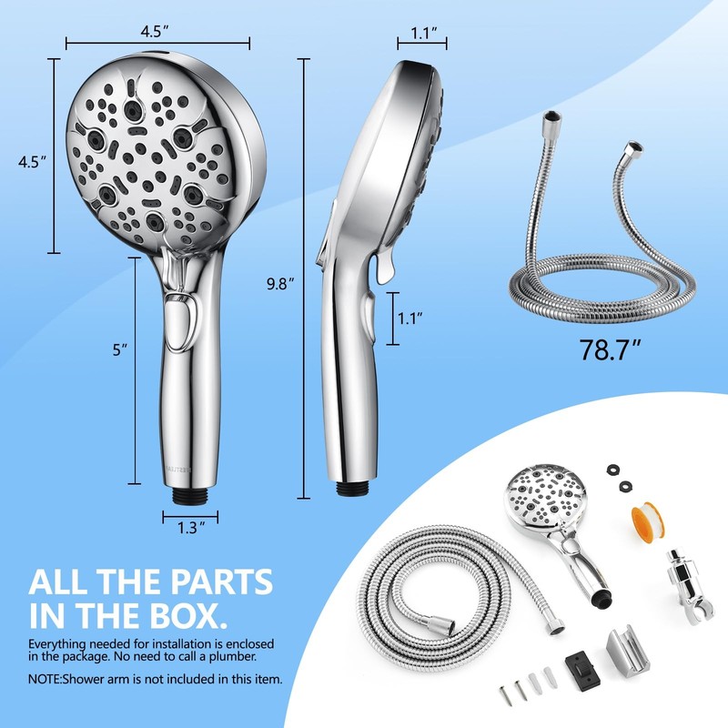 Handheld Shower Head 9-Setting High Pressure 4.5in Spray Face 79in Hose - Ideal gallery