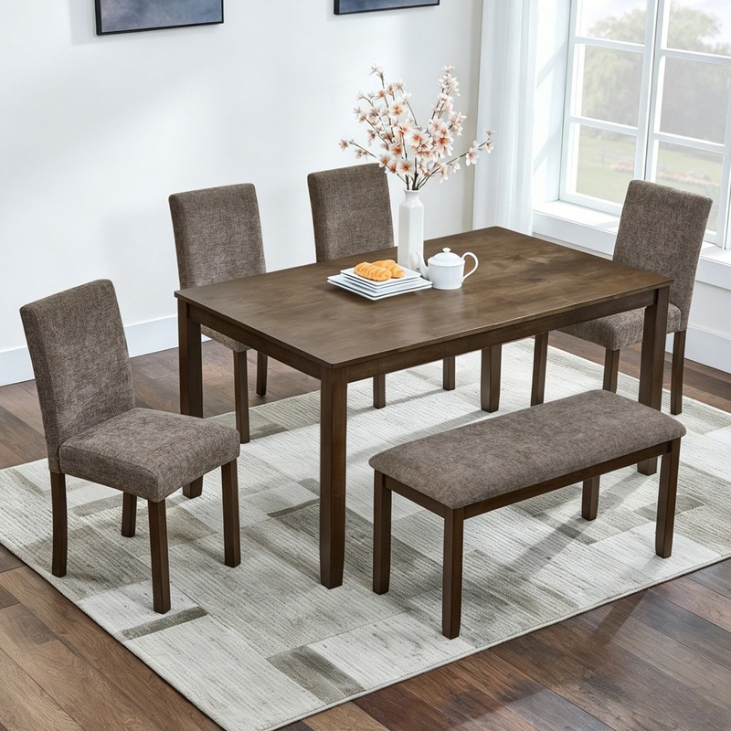 6-Piece Dining Table Set Wood Rectangular Rustic w/ 4 Upholstered Chairs & Bench gallery