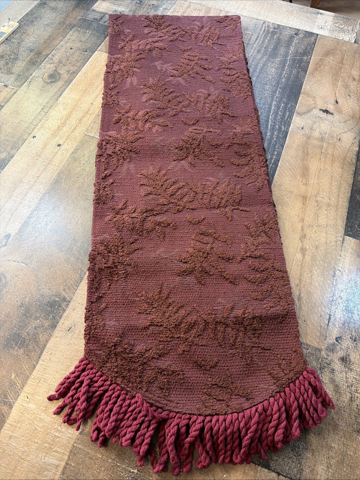 Vintage Chenille Table Runner Red Rust Floral Jacquard Fringe Boho 12x70 Ornate gallery