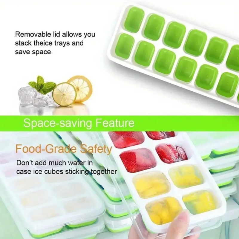 14-Cube Silicone Ice Tray with Lid, Soft Bottom, Easy Release for DIY Cold Drink gallery