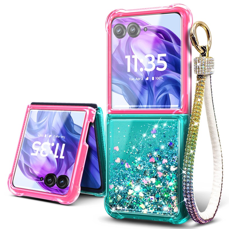 For Motorola Moto Razr 2025 Glitter Waterfall Protector Case + Luxury Lanyard