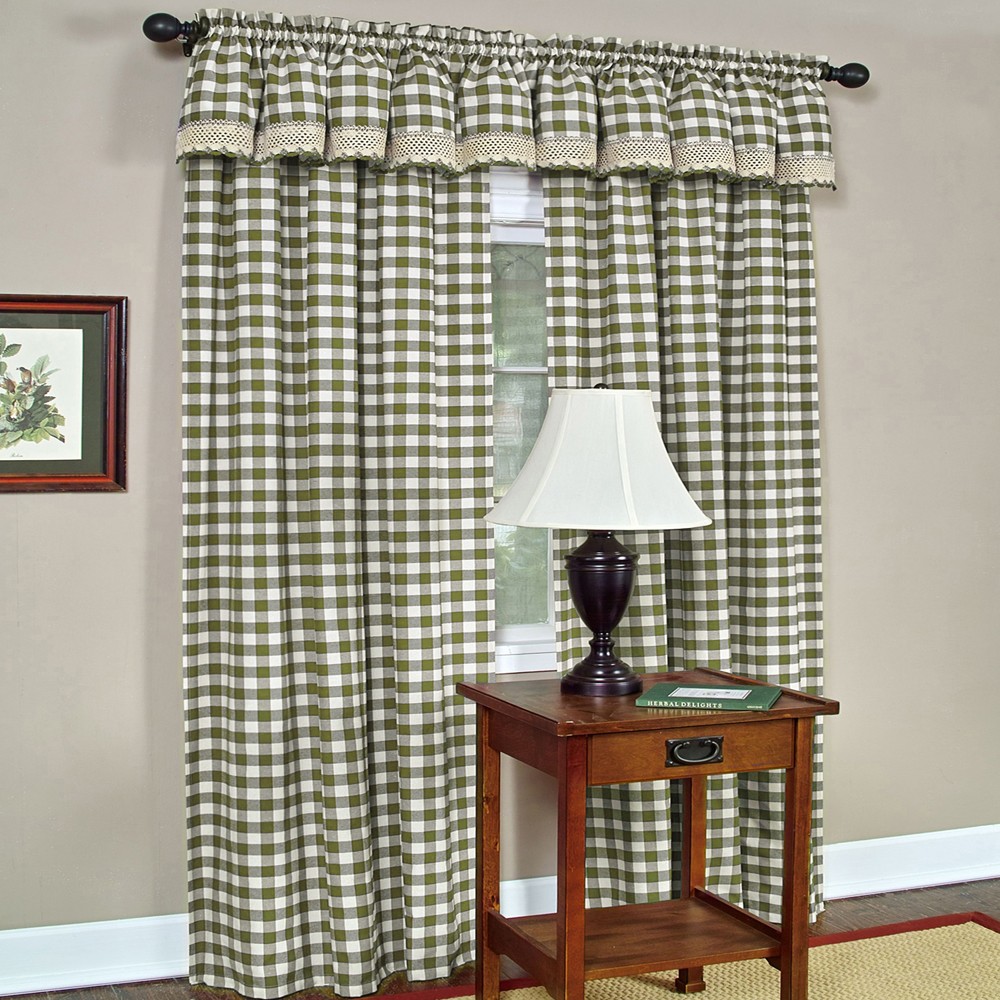 Sage Checkered Plaid Gingham Kitchen Window Curtain Drapes Panel Valance Shade gallery