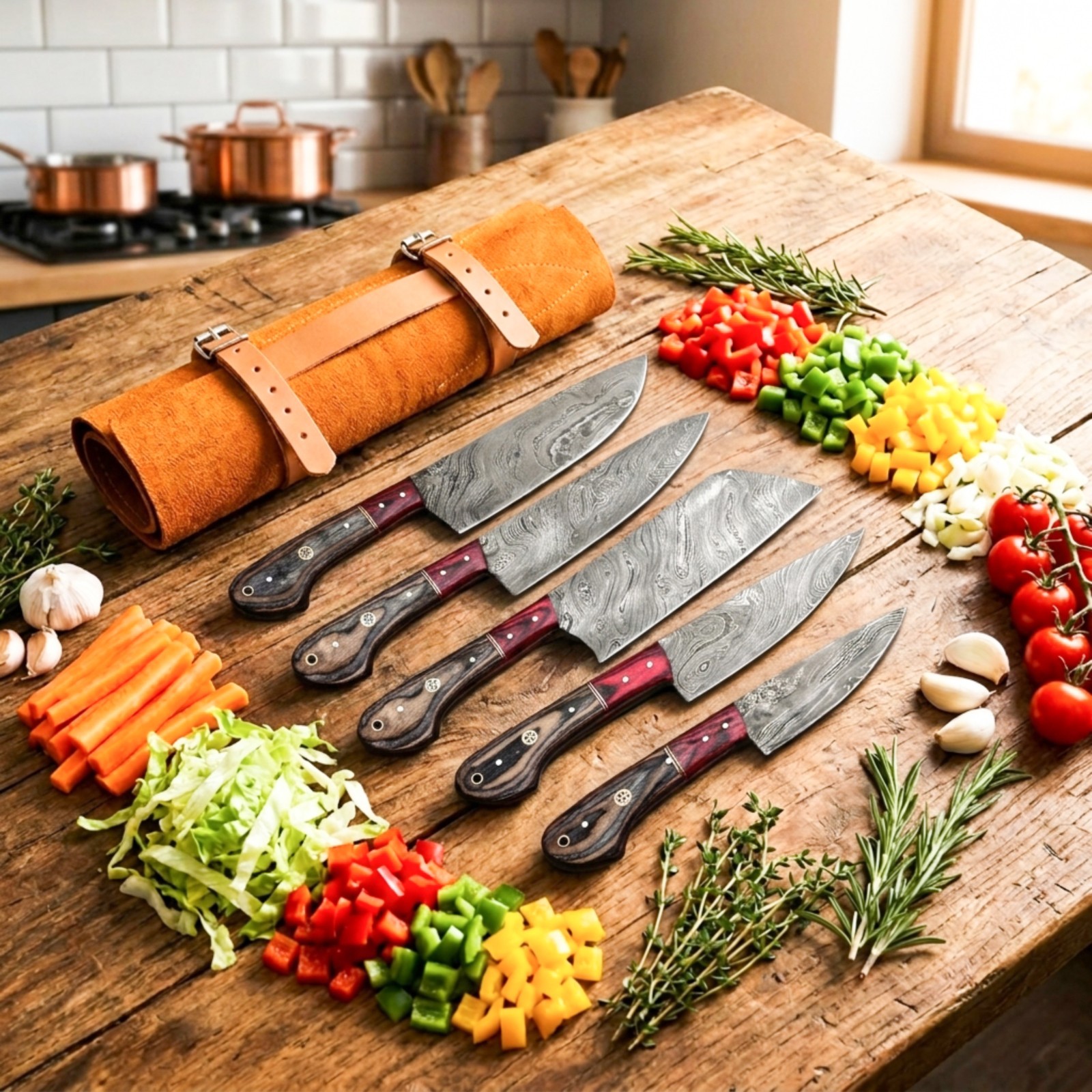 Handmade Damascus Steel Kitchen Knife Set – 5 Pc Chef Knives / Wood Handle gallery