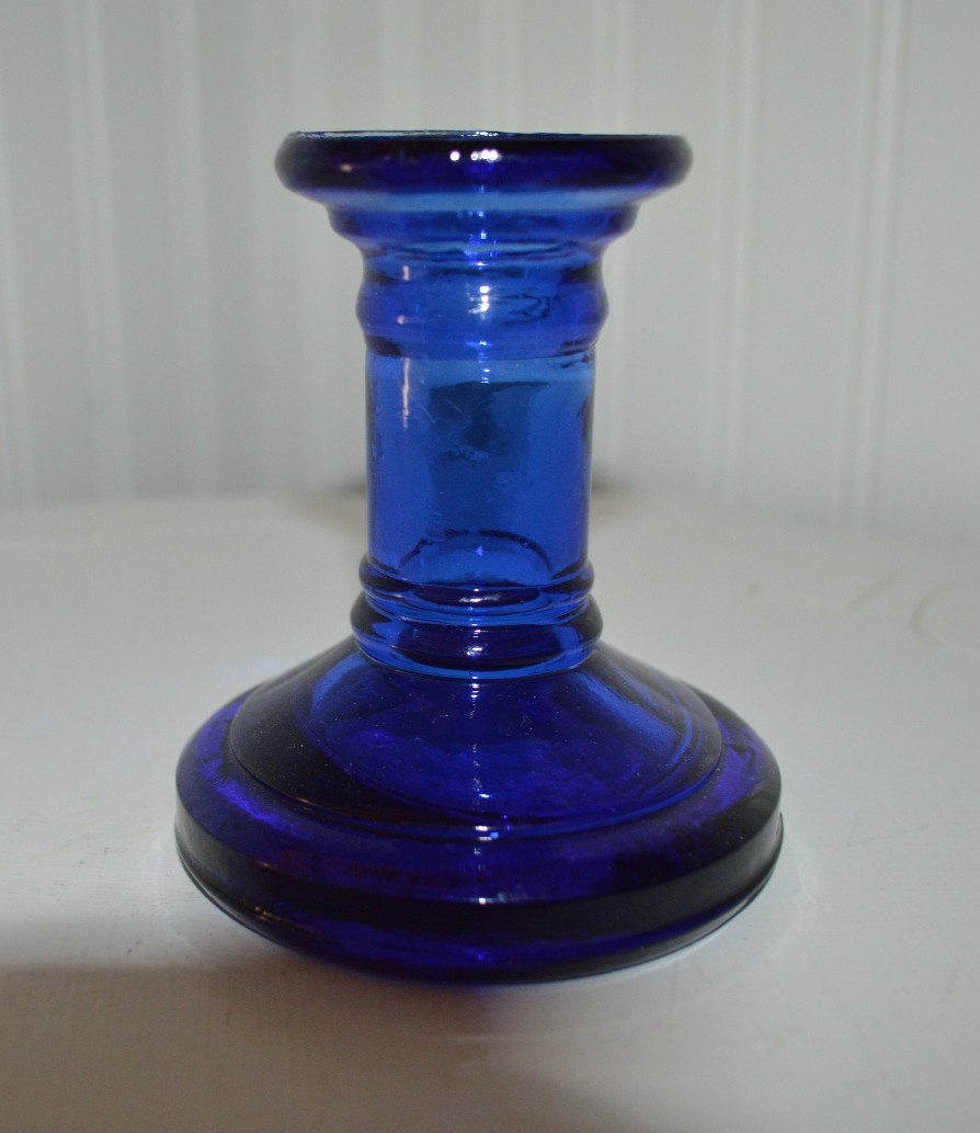 BLUE GLASS SHORT CANDLESTICK CANDLE HOLDER COBALT CHAMBER MANTLE COTTAGE VGC gallery