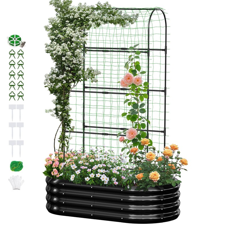 2-in-1 Galvanized Raised Garden Bed with 71" Arch Trellis for Climbing Plants. gallery