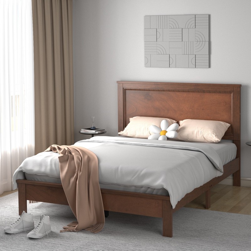 Queen Size Bed Frame Platform Slat High Headboard Bedroom Rubber Wood Leg Walnut gallery